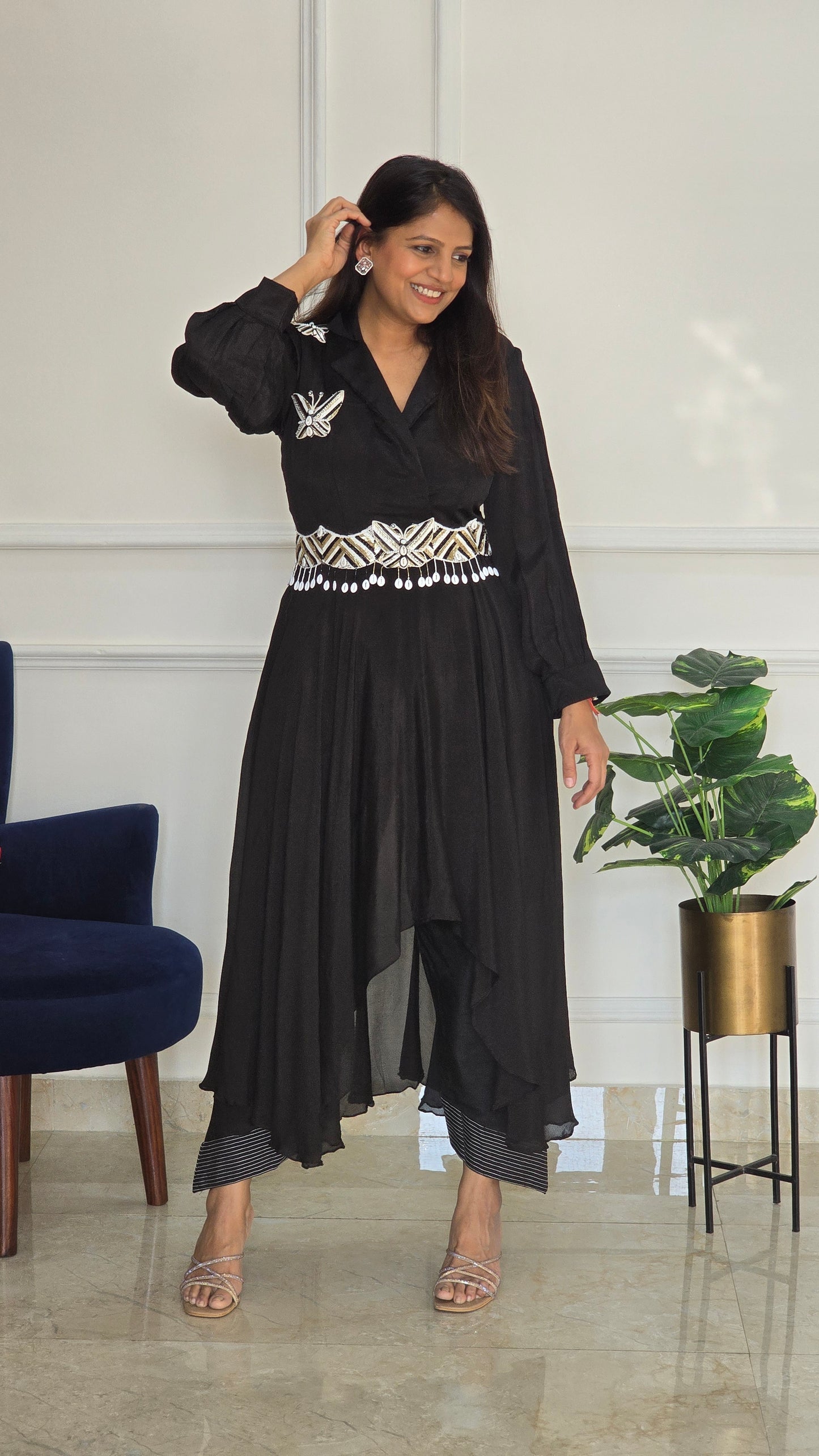 Black Asymmetric Top and Pants - View 3 - PinkTree by Shrutika