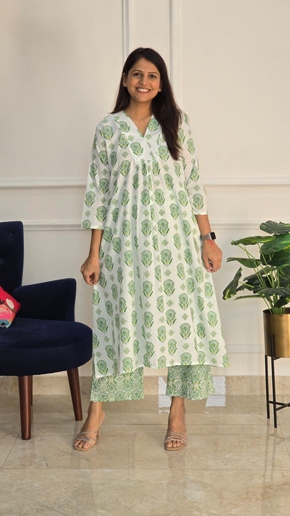 Green Block Kurta Set