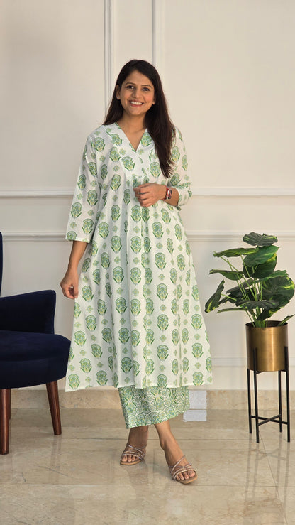 Green Block Kurta Set