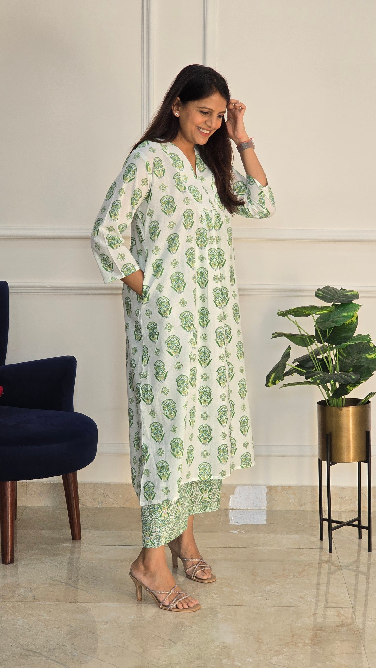 Green Block Kurta Set