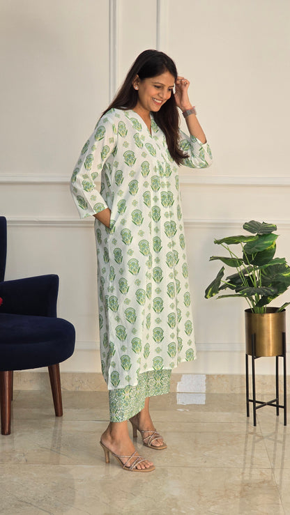 Green Block Kurta Set