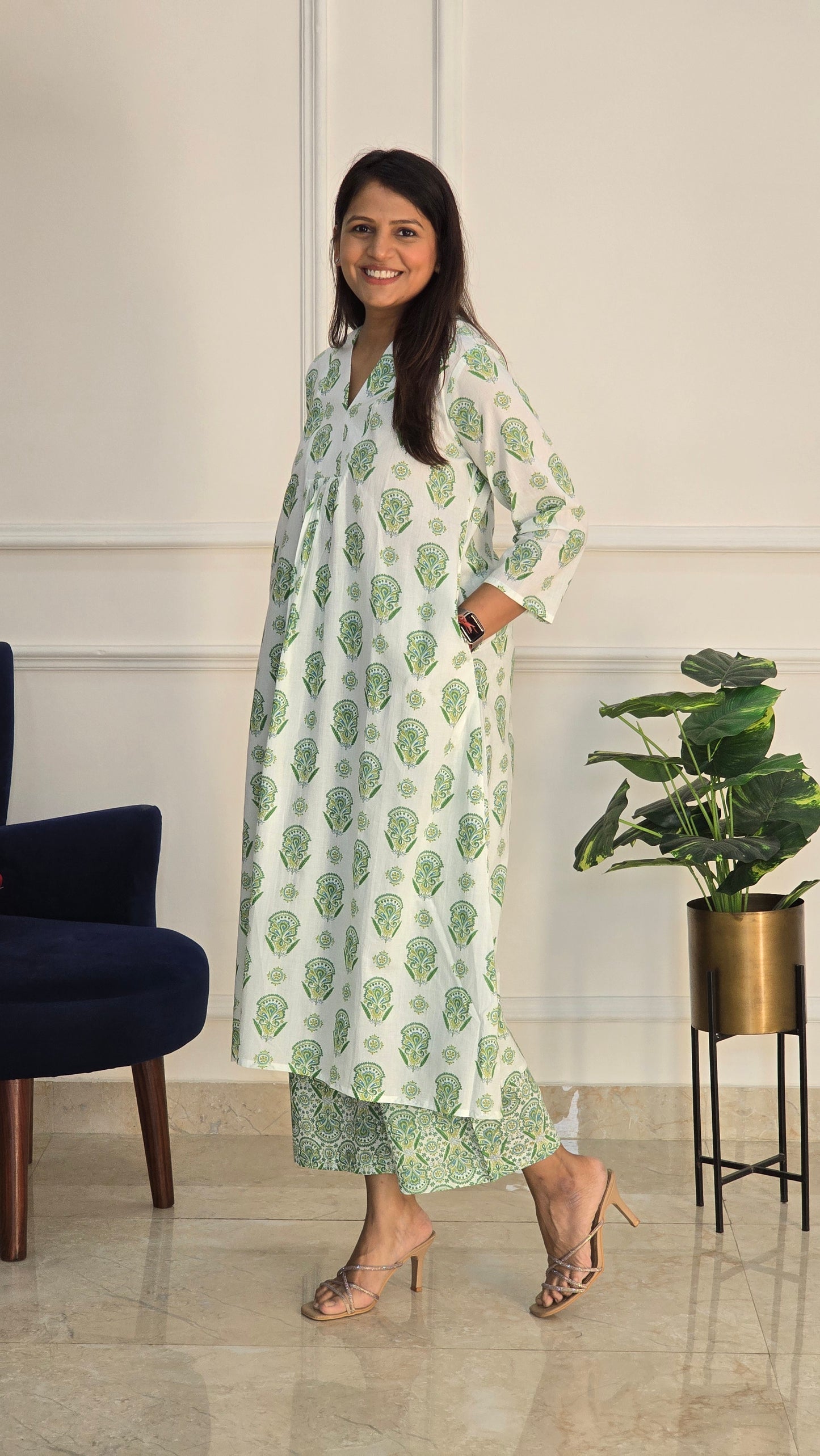 Green Block Kurta Set