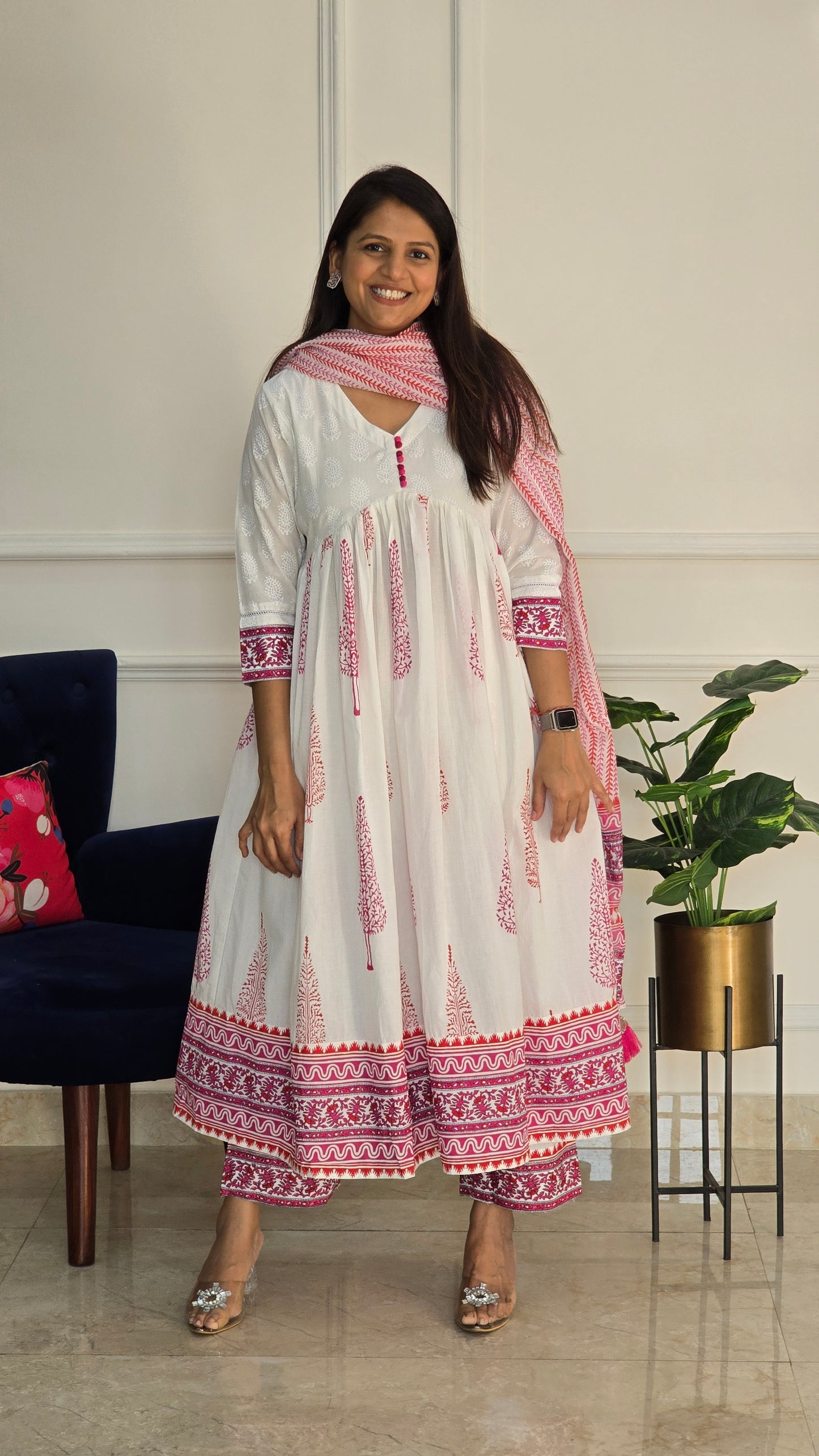 Pink And White Kurta Set