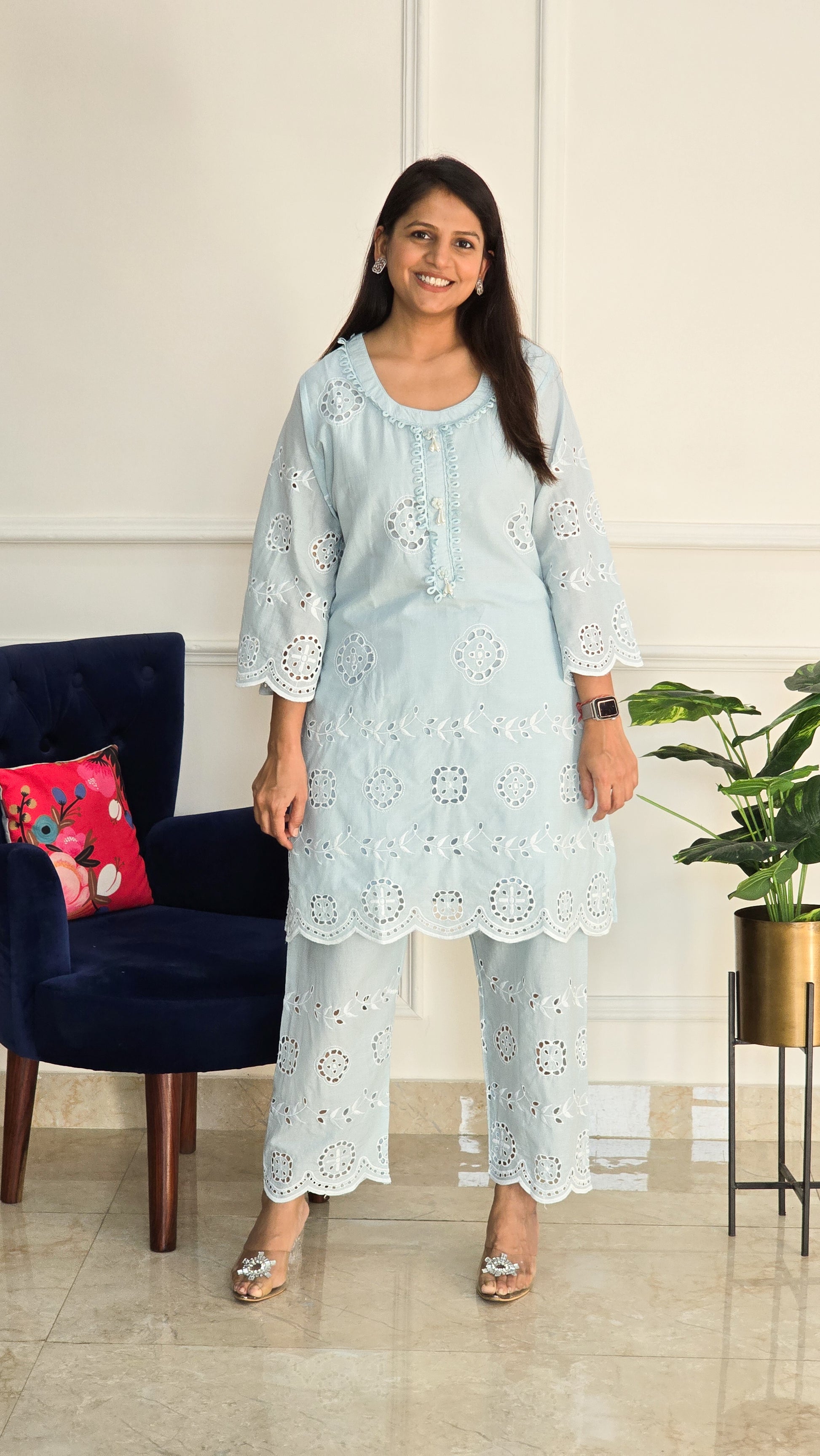 Sky Blue Schiffli Kurta Set - View 2 - PinkTree by Shrutika