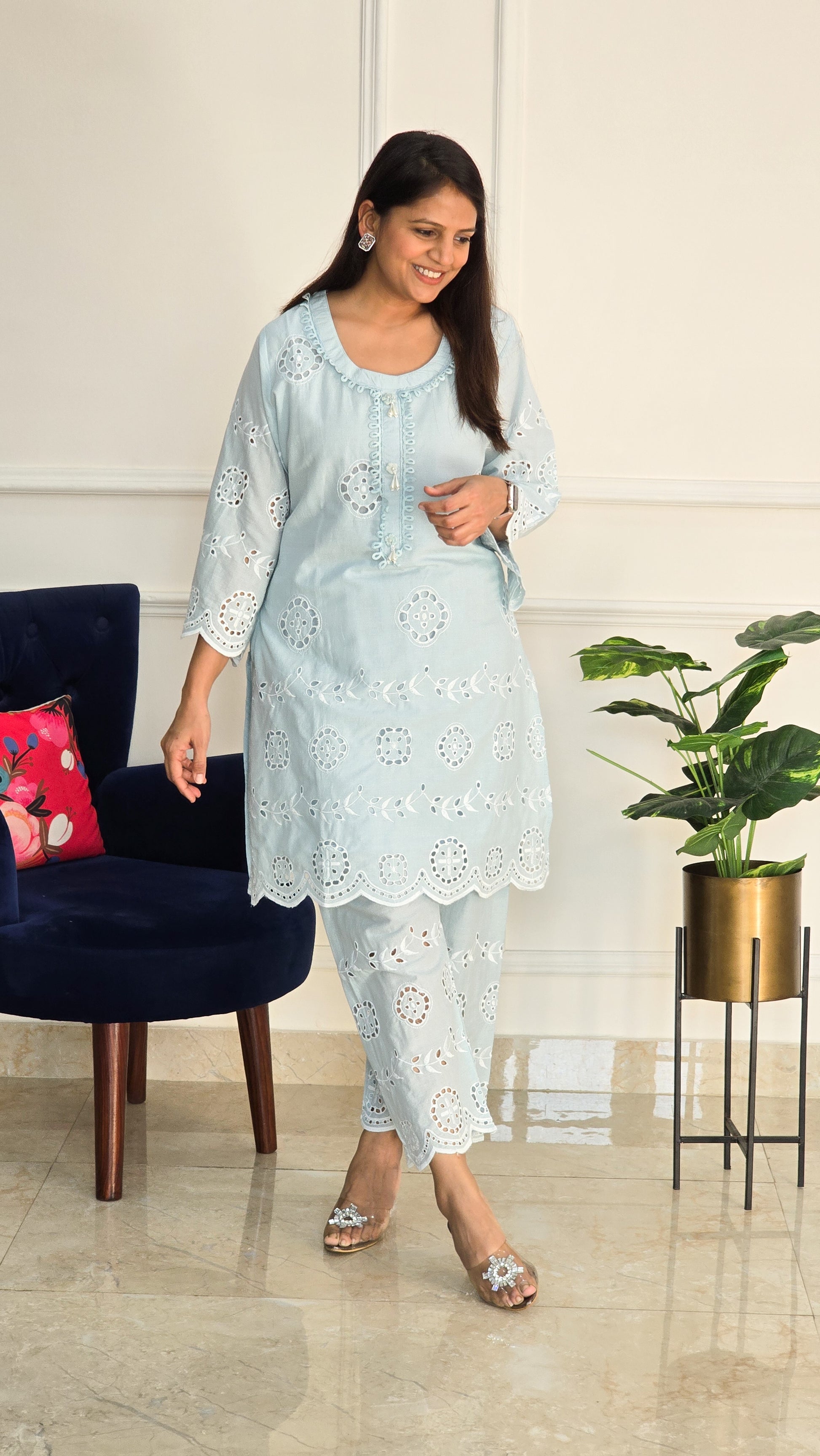 Sky Blue Schiffli Kurta Set - View 3 - PinkTree by Shrutika