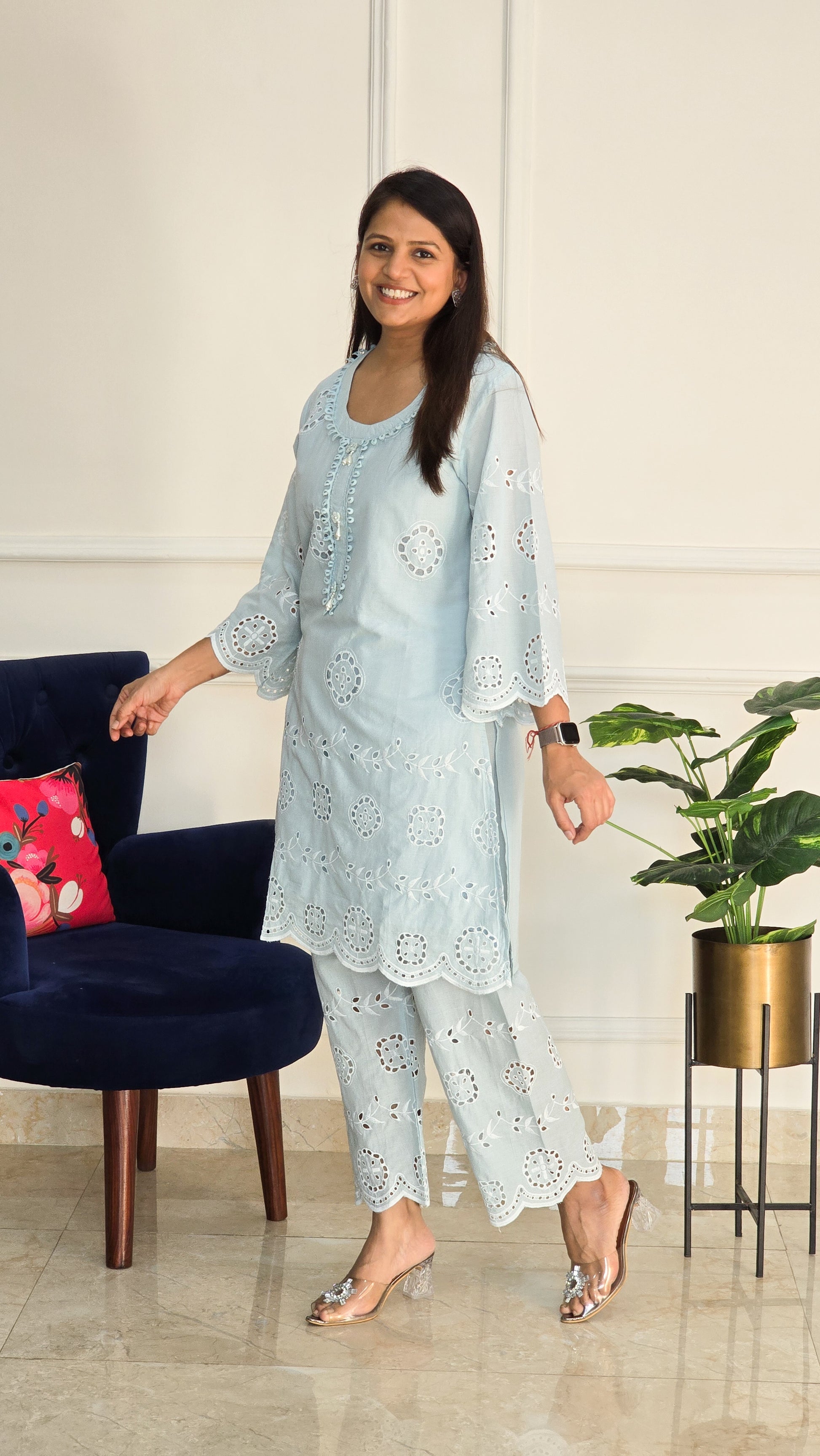 Sky Blue Schiffli Kurta Set - View 5 - PinkTree by Shrutika