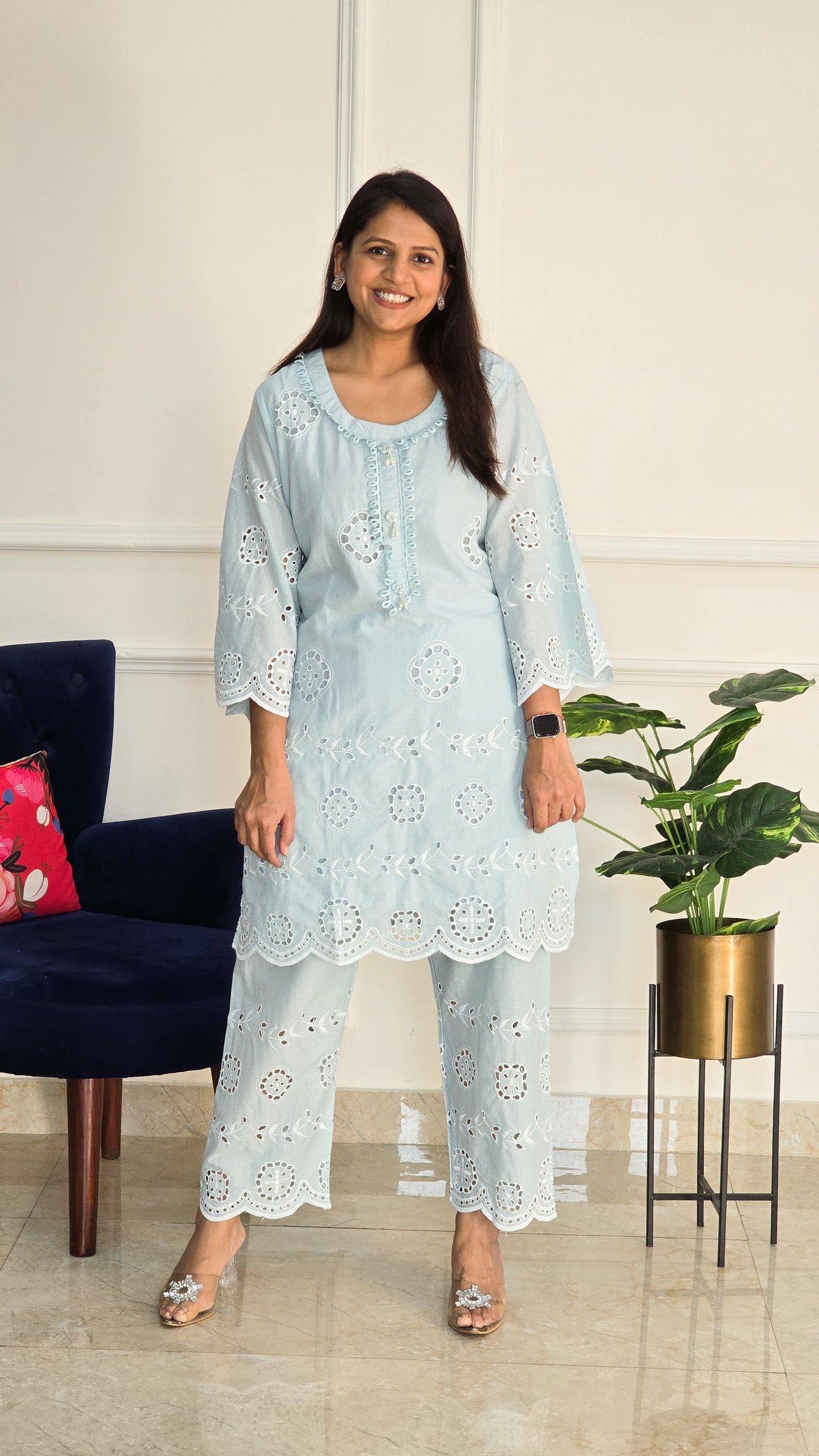 Sky Blue Schiffli Kurta Set - View 4 - PinkTree by Shrutika