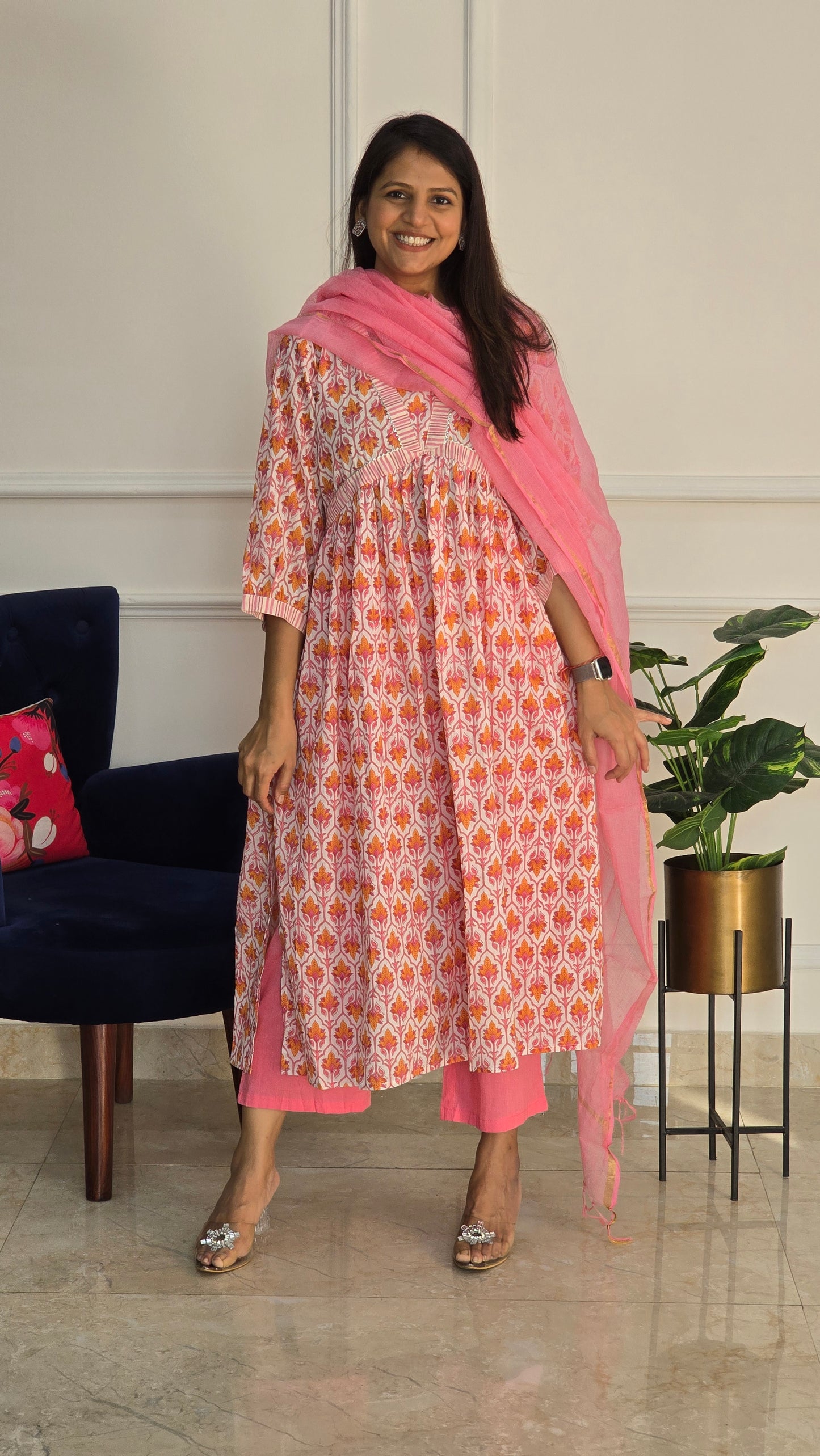Pink And White Alia Cut Cotton Suit Set with Doriya Duppata