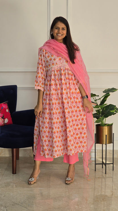 Pink And White Alia Cut Cotton Suit Set with Doriya Duppata