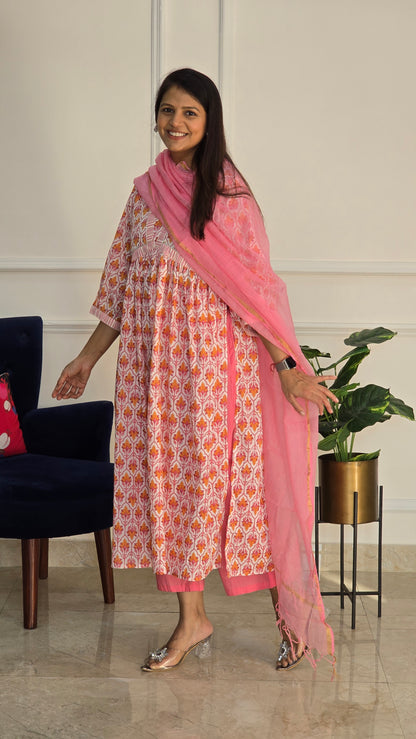 Pink And White Alia Cut Cotton Suit Set with Doriya Duppata