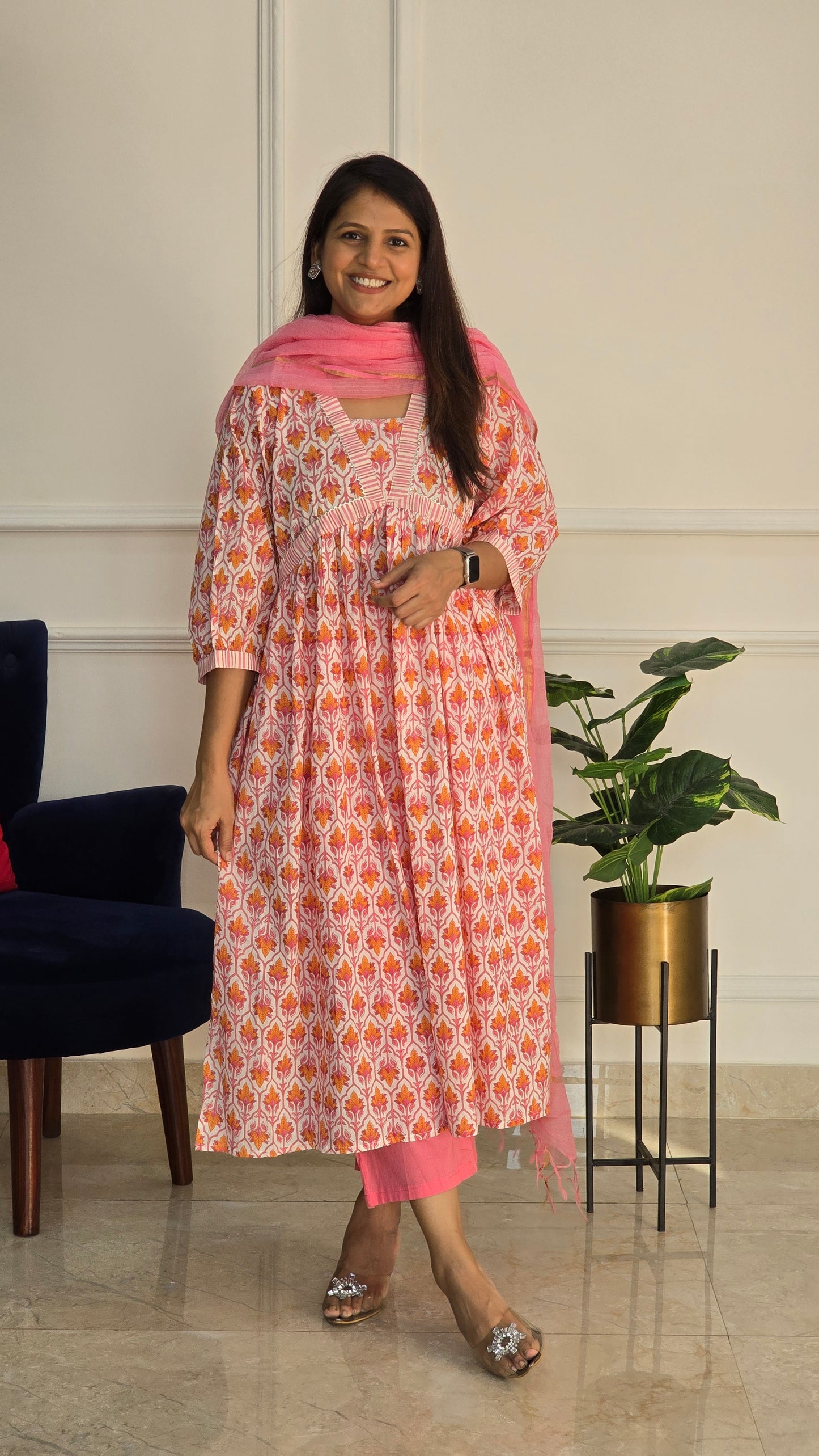 Pink And White Alia Cut Cotton Suit Set with Doriya Duppata