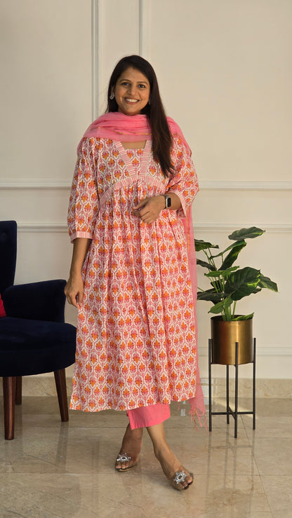 Pink And White Alia Cut Cotton Suit Set with Doriya Duppata
