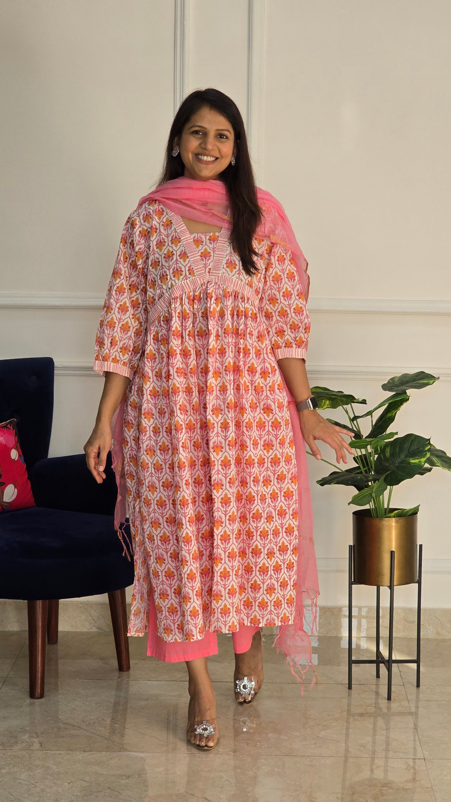 Pink And White Alia Cut Cotton Suit Set with Doriya Duppata