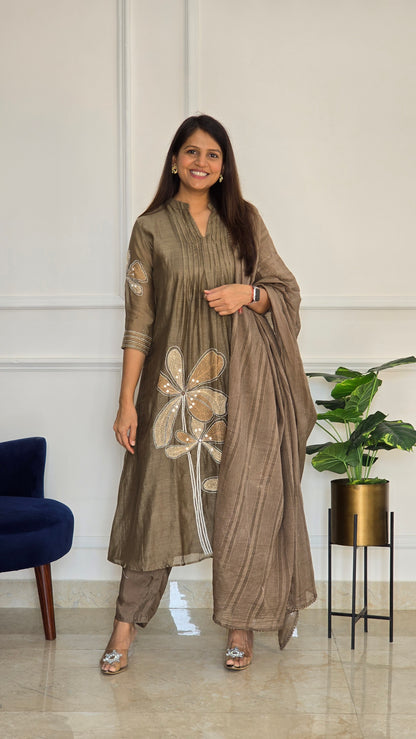 Taupe Kantha Mul Chanderi Set