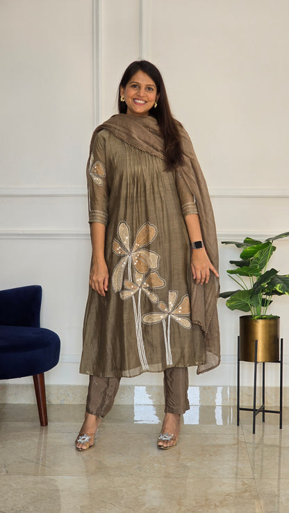 Taupe Kantha Mul Chanderi Set