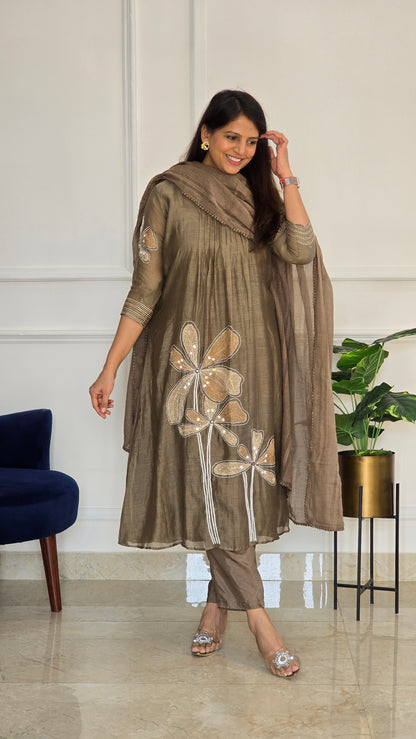 Taupe Kantha Mul Chanderi Set