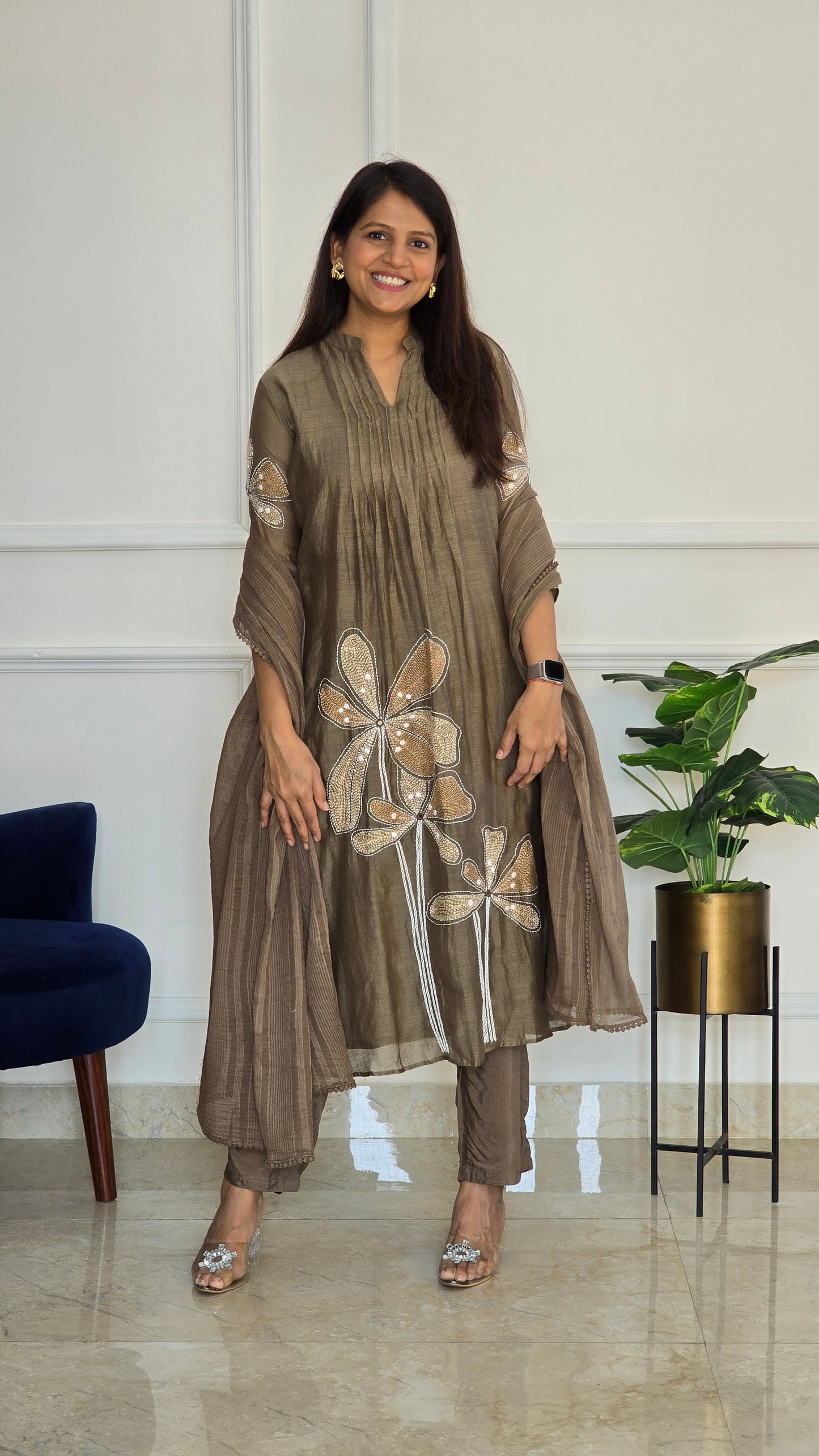 Taupe Kantha Mul Chanderi Set