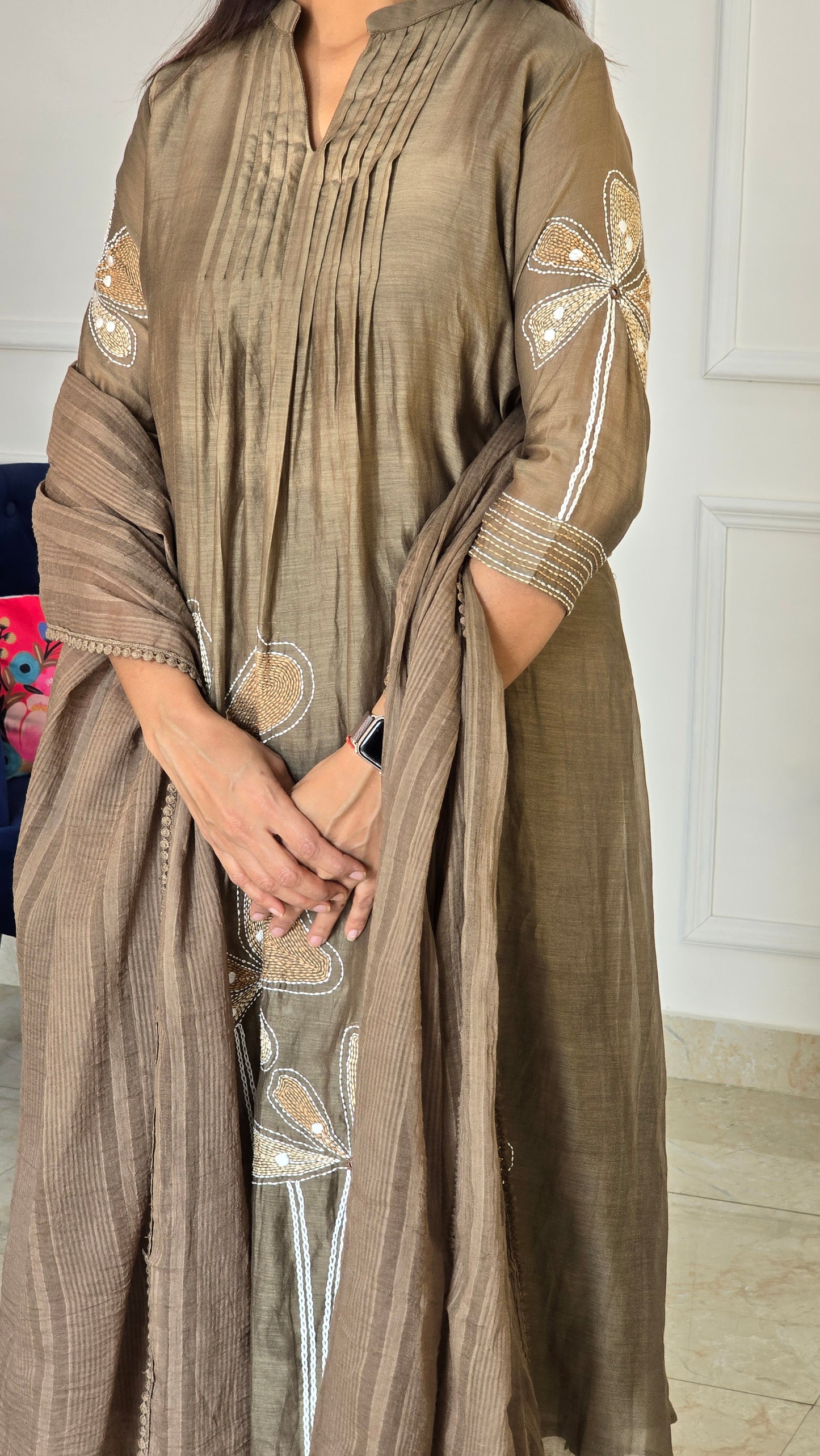 Taupe Kantha Mul Chanderi Set