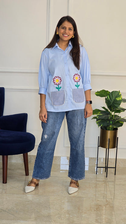 Blue Bloom Applique Shirt