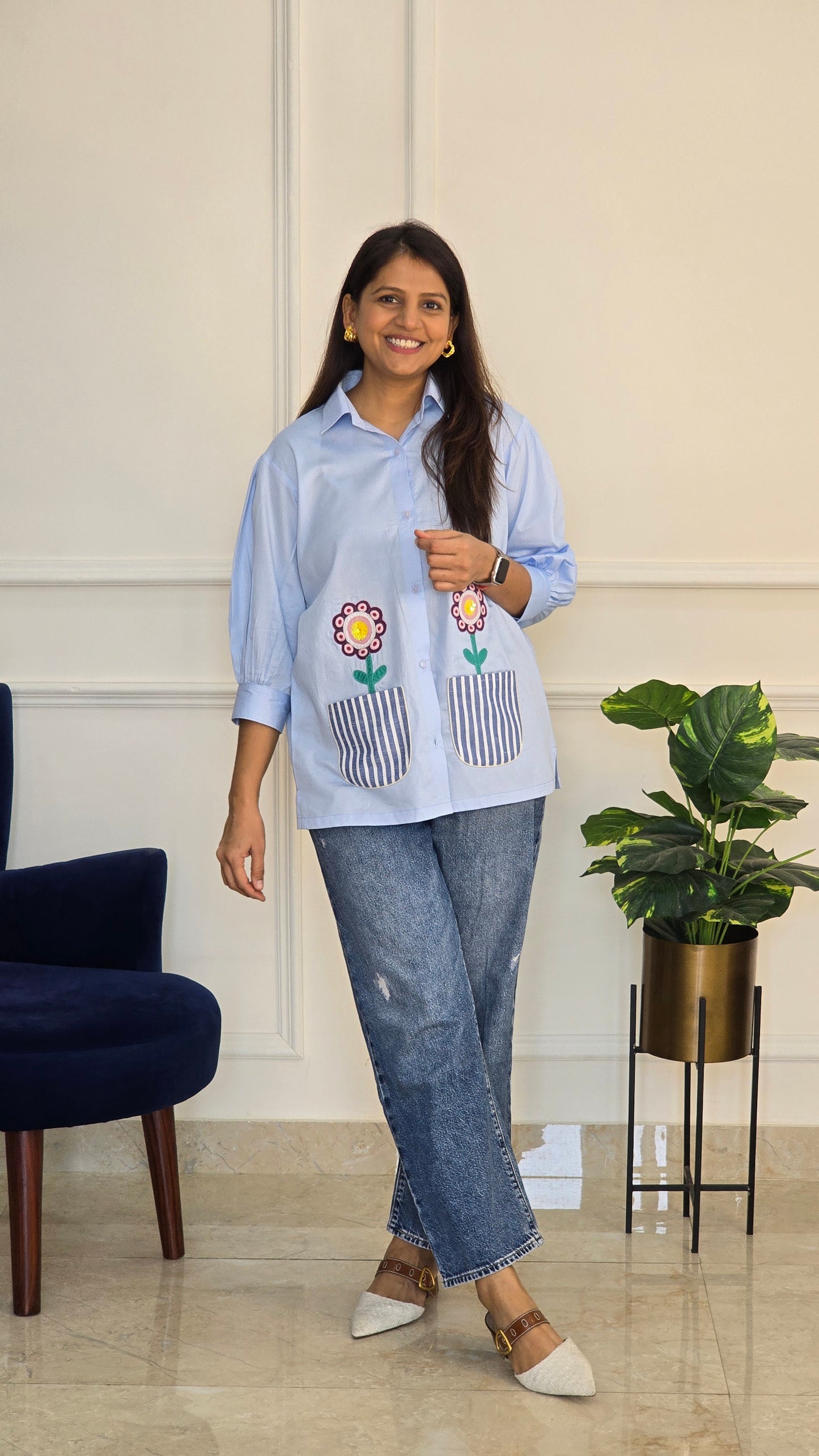 Blue Bloom Applique Shirt