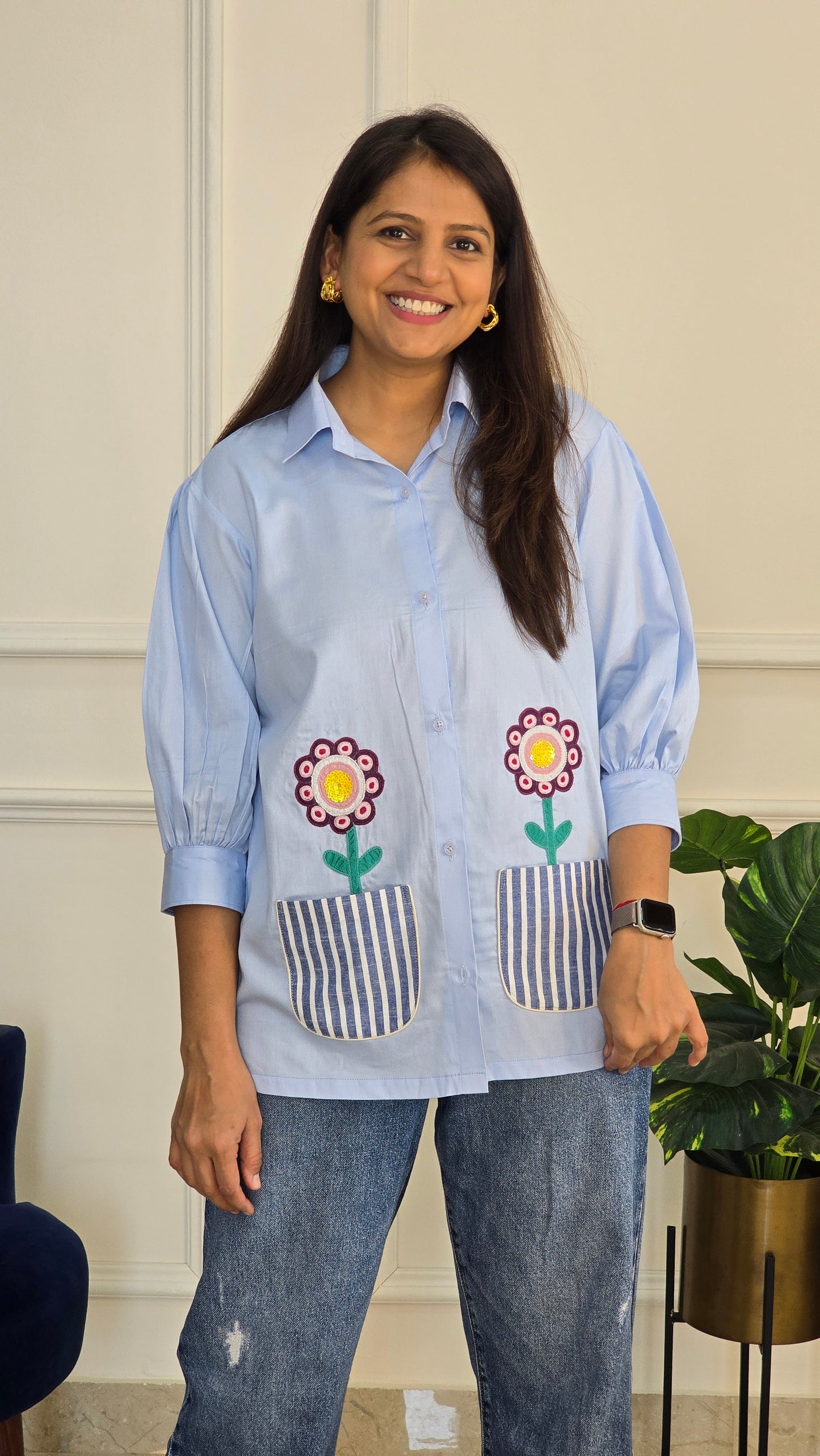 Blue Bloom Applique Shirt