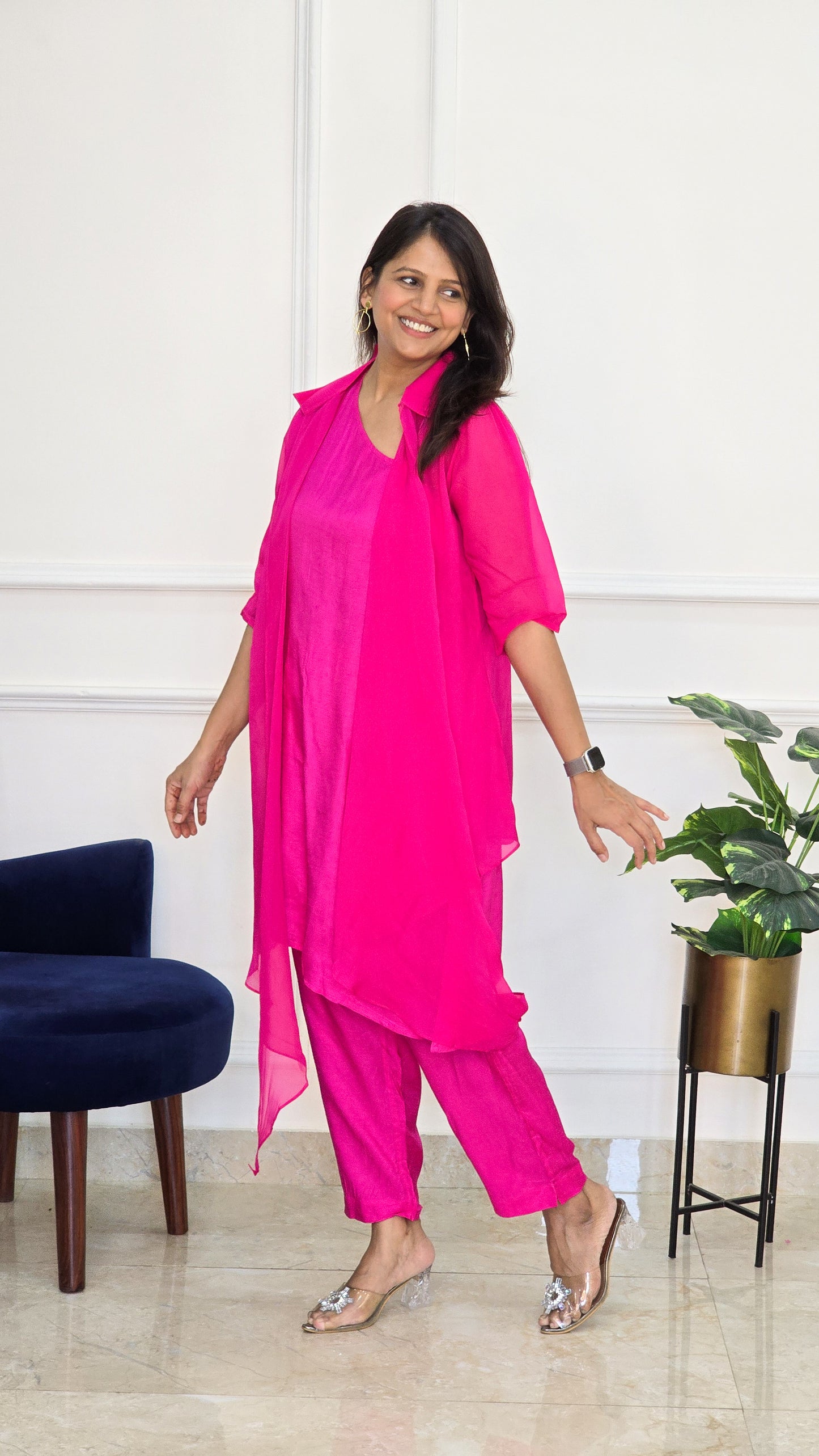 Fuchsia Organza Jacket with One Shoulder Top and Pants - View 4 - PinkTree by Shrutika