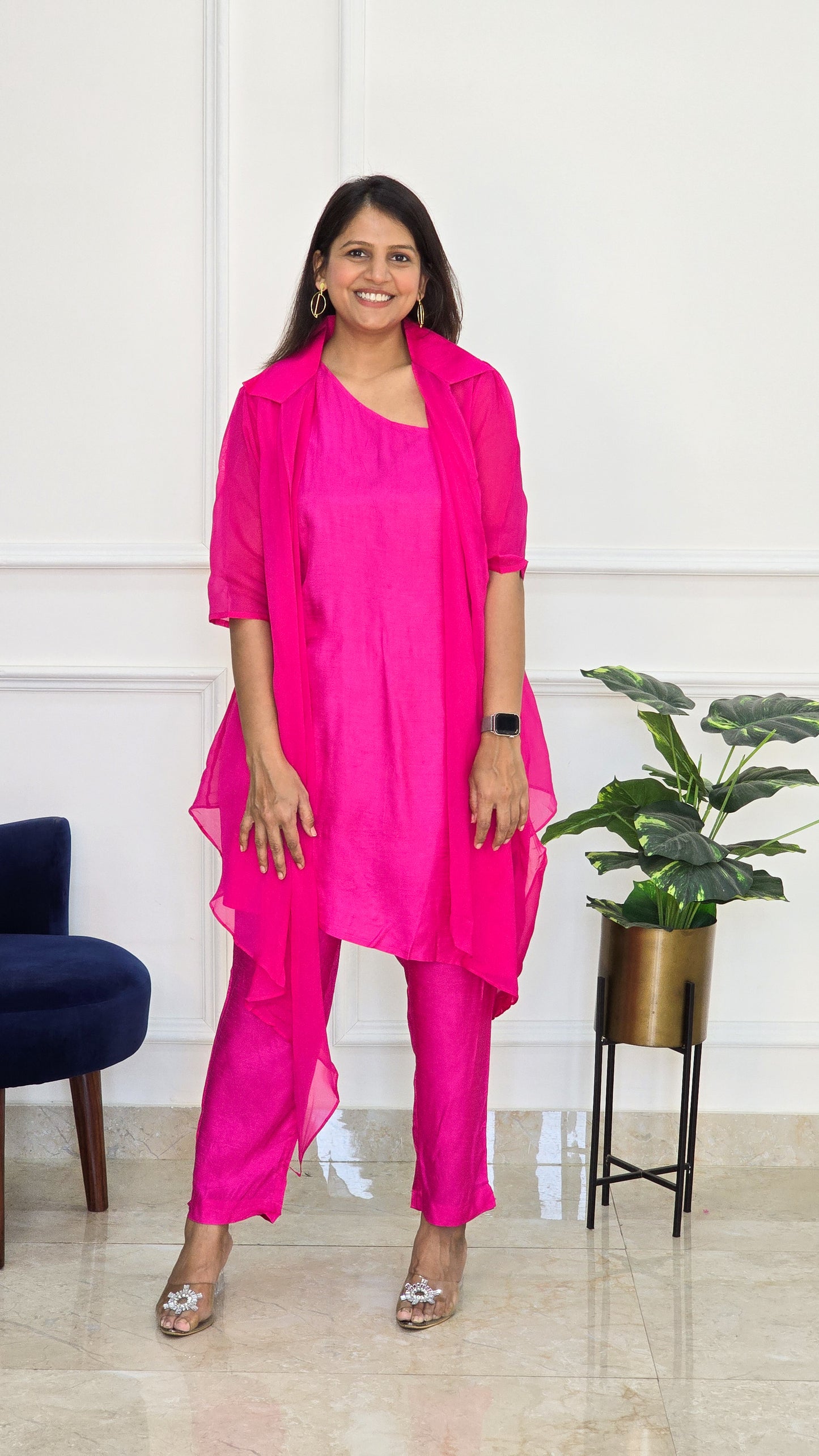 Fuchsia Organza Jacket with One Shoulder Top and Pants - View 5 - PinkTree by Shrutika