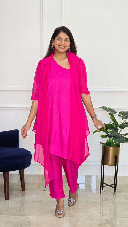Fuchsia Organza Jacket with One Shoulder Top and Pants - View 6 - PinkTree by Shrutika