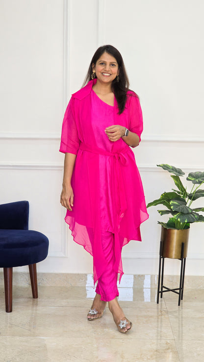 Fuchsia Organza Jacket with One Shoulder Top and Pants - View 3 - PinkTree by Shrutika