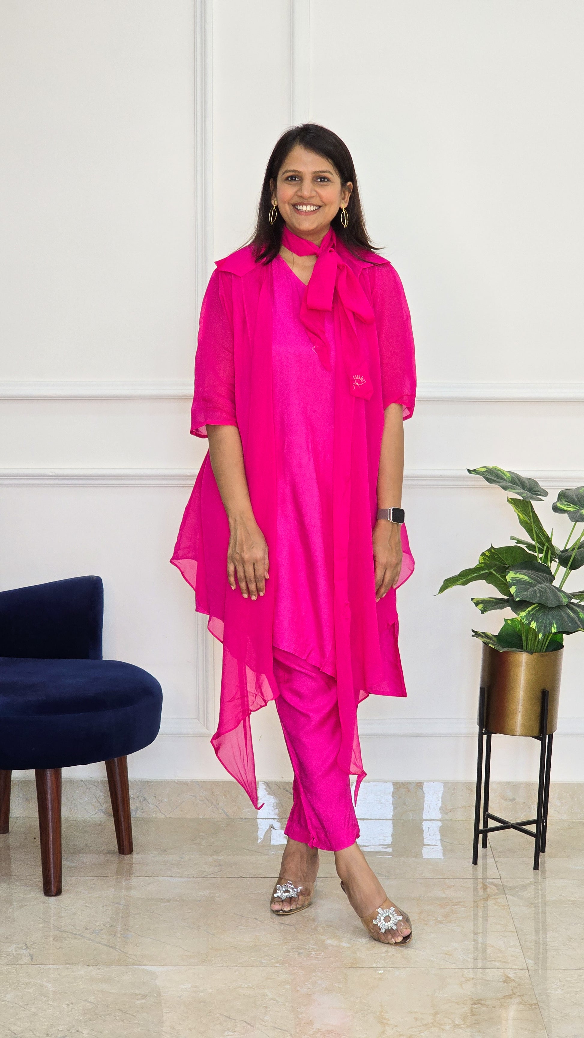 Fuchsia Organza Jacket with One Shoulder Top and Pants - View 2 - PinkTree by Shrutika