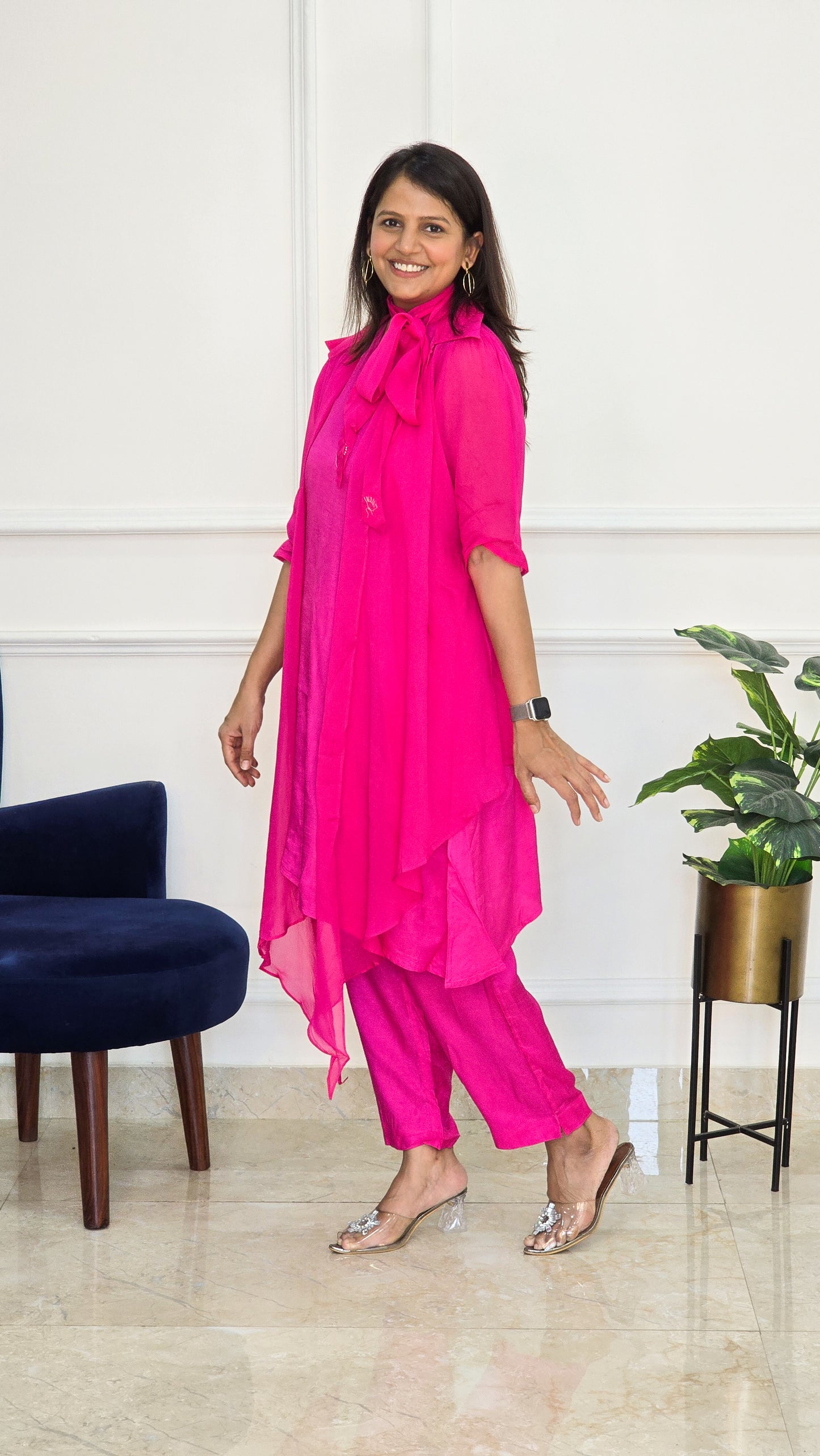 Fuchsia Organza Jacket with One Shoulder Top and Pants - View 7 - PinkTree by Shrutika