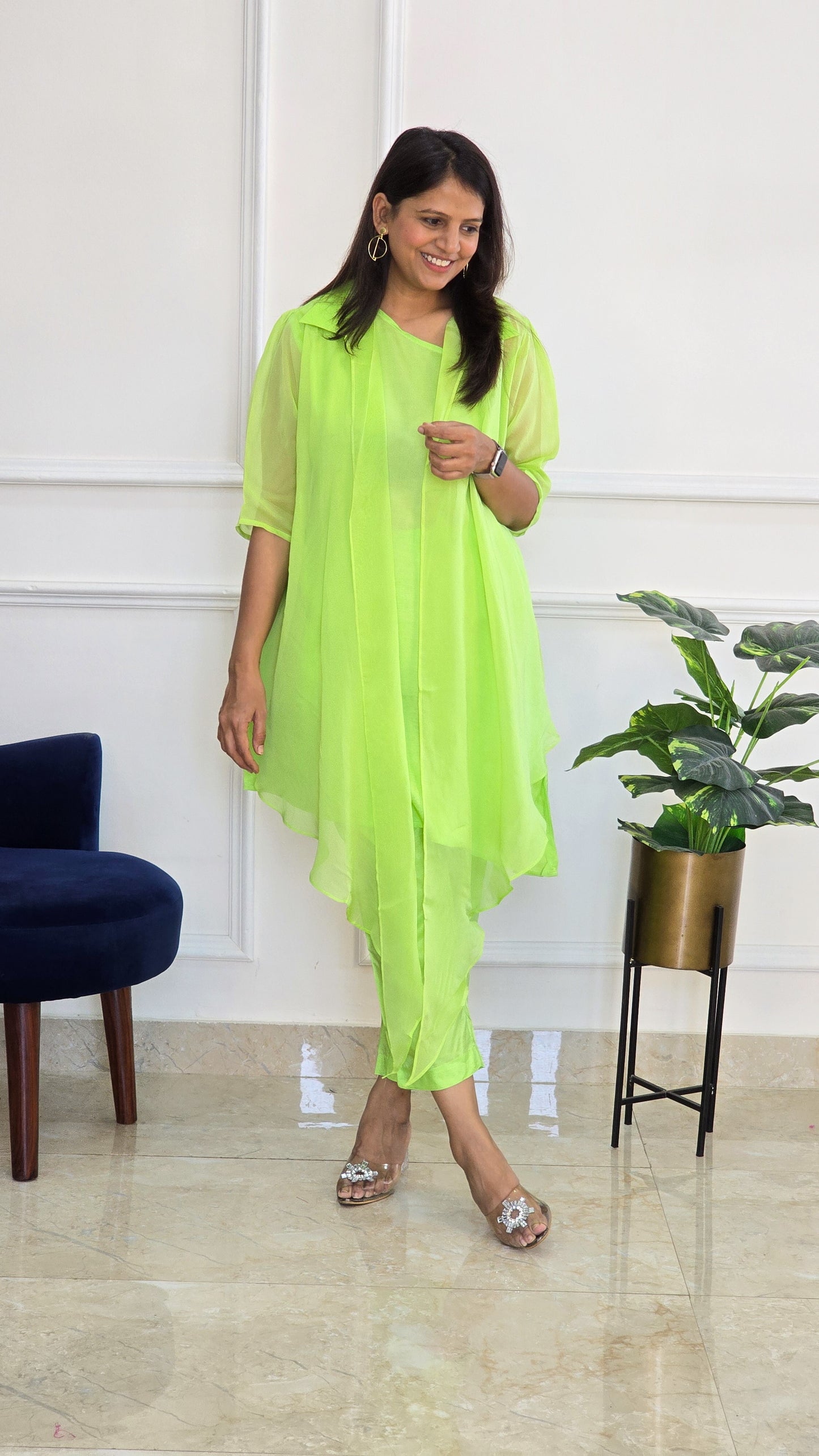 Neon Green Organza Jacket with One Shoulder Top and Pants - View 6 - PinkTree by Shrutika