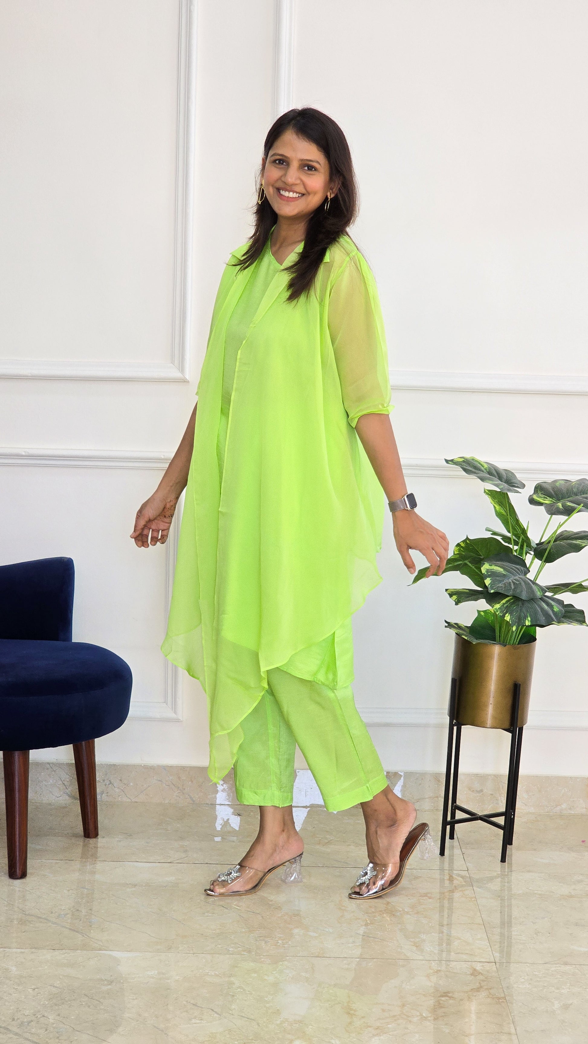 Neon Green Organza Jacket with One Shoulder Top and Pants - View 5 - PinkTree by Shrutika