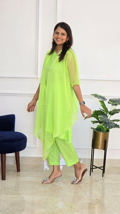 Neon Green Organza Jacket with One Shoulder Top and Pants - View 5 - PinkTree by Shrutika