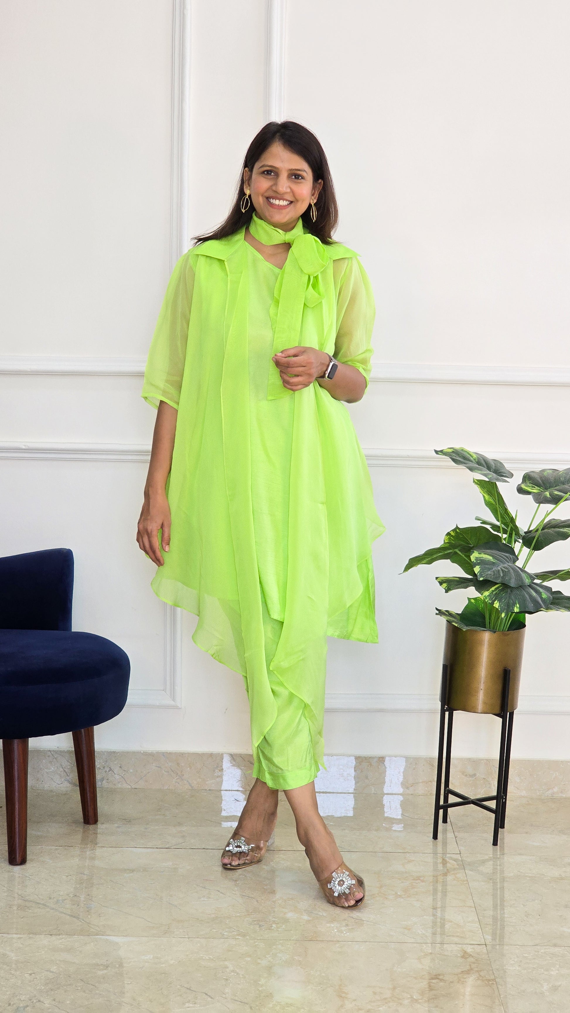 Neon Green Organza Jacket with One Shoulder Top and Pants - View 4 - PinkTree by Shrutika