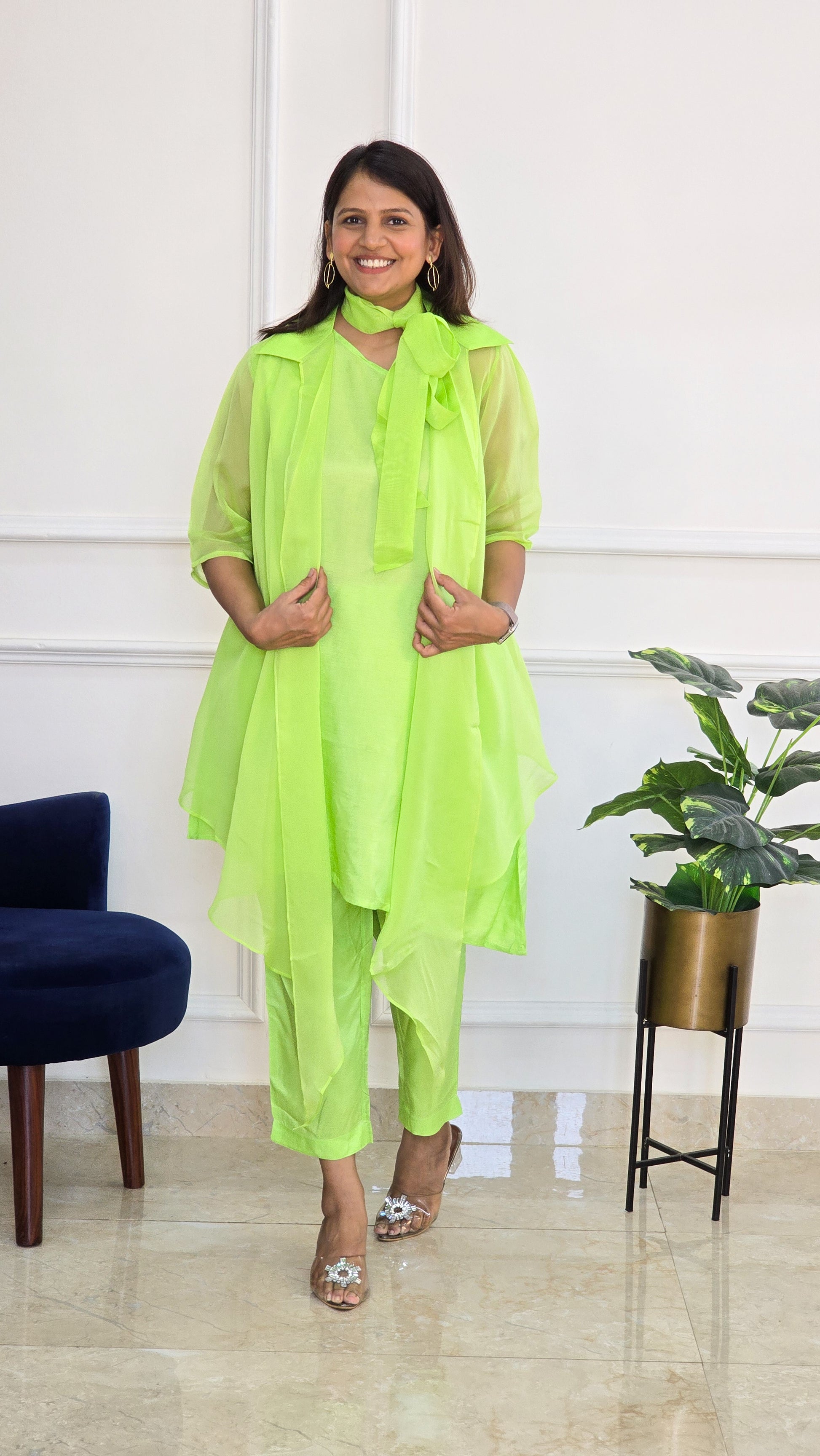 Neon Green Organza Jacket with One Shoulder Top and Pants - View 3 - PinkTree by Shrutika