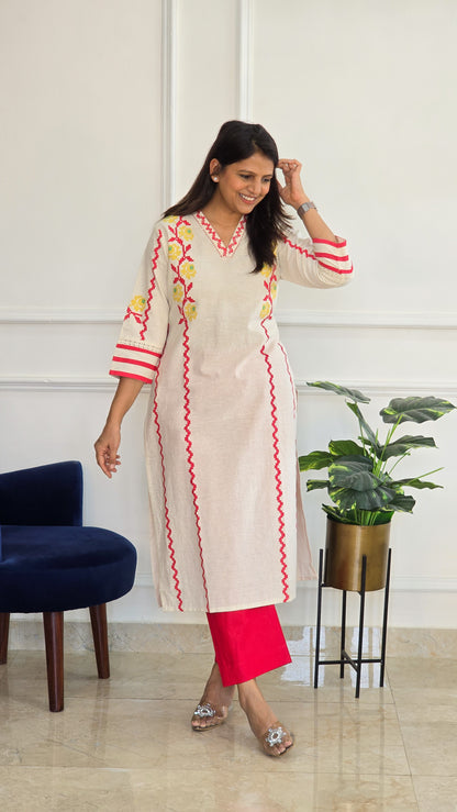Red Handloom Kurta Set