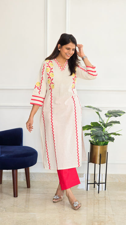 Red Handloom Kurta Set - View 6 - PinkTree by Shrutika