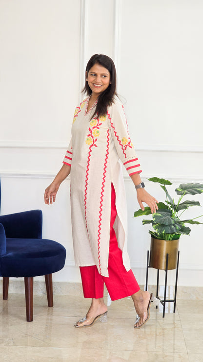 Red Handloom Kurta Set - View 3 - PinkTree by Shrutika