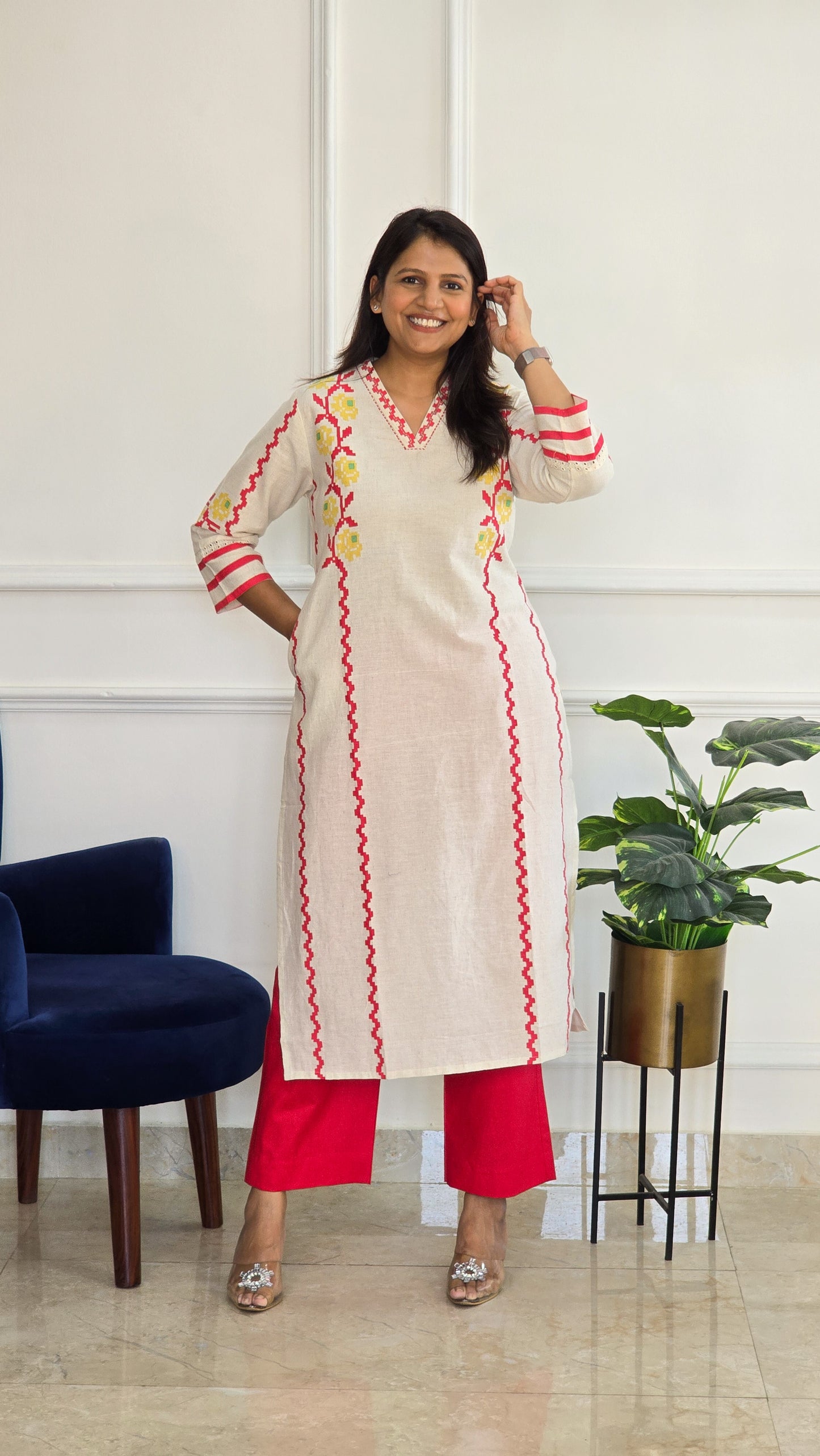 Red Handloom Kurta Set