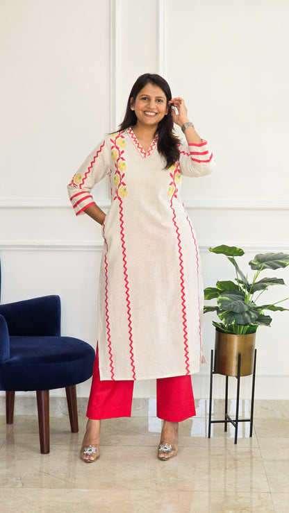 Red Handloom Kurta Set - View 4 - PinkTree by Shrutika