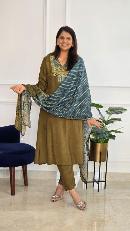 Green Muslin Ajrakh Applique Suit Set