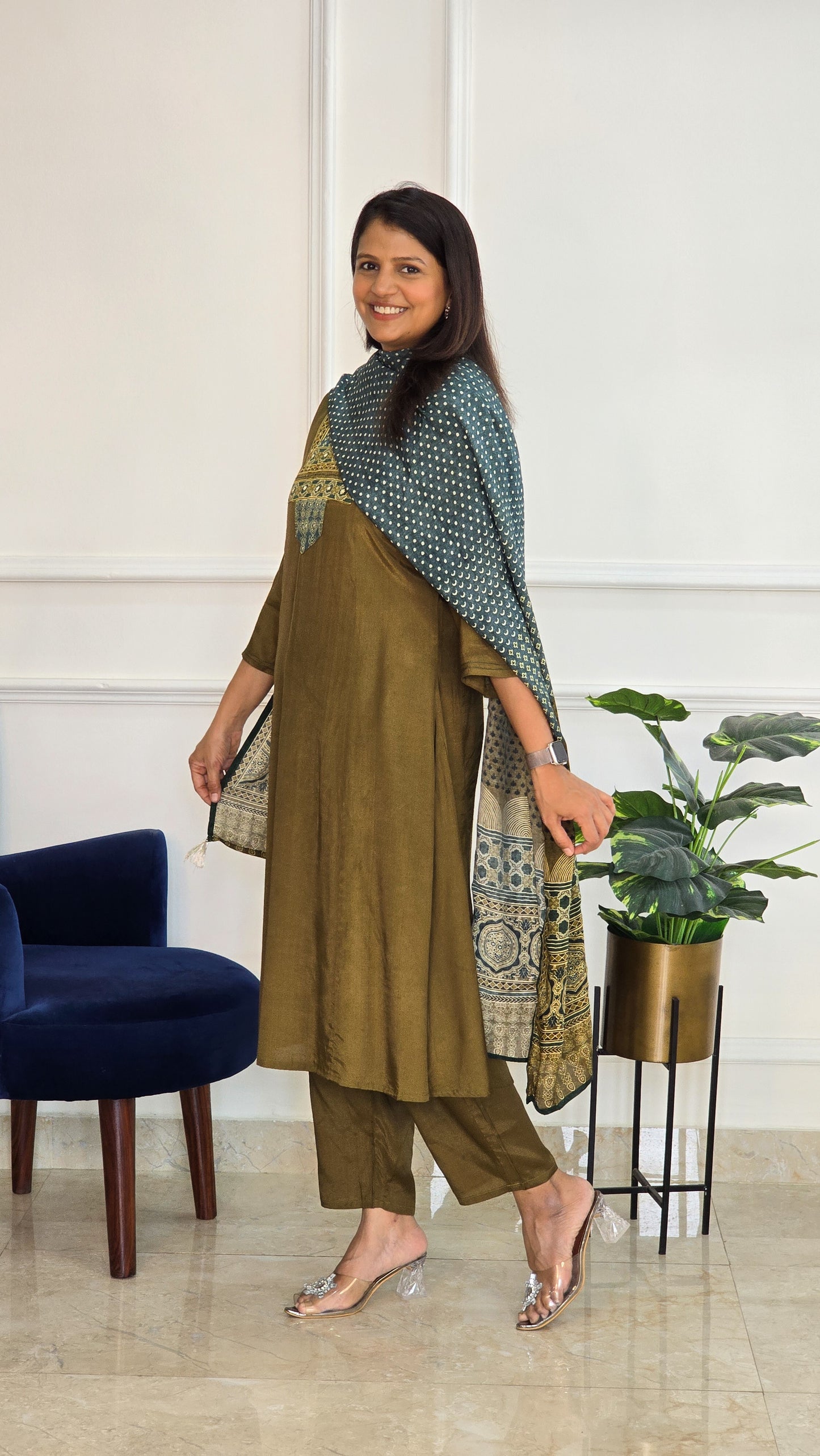 Green Muslin Ajrakh Applique Suit Set