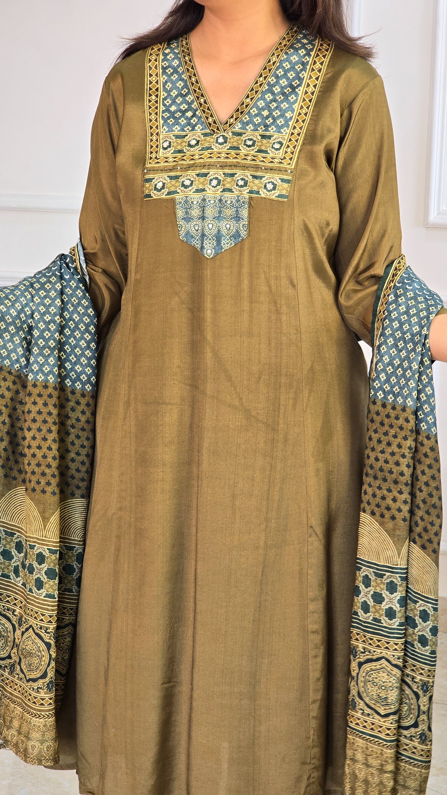 Green Muslin Ajrakh Applique Suit Set