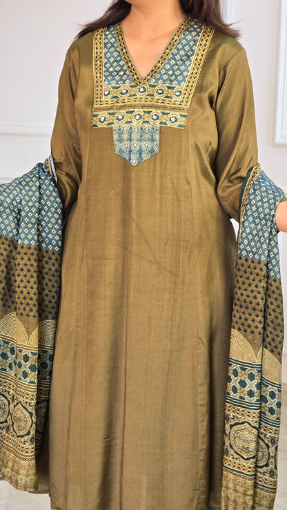 Green Muslin Ajrakh Applique Suit Set