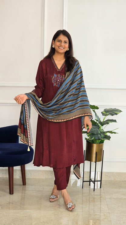 Maroon Muslin Ajrakh Applique Suit Set