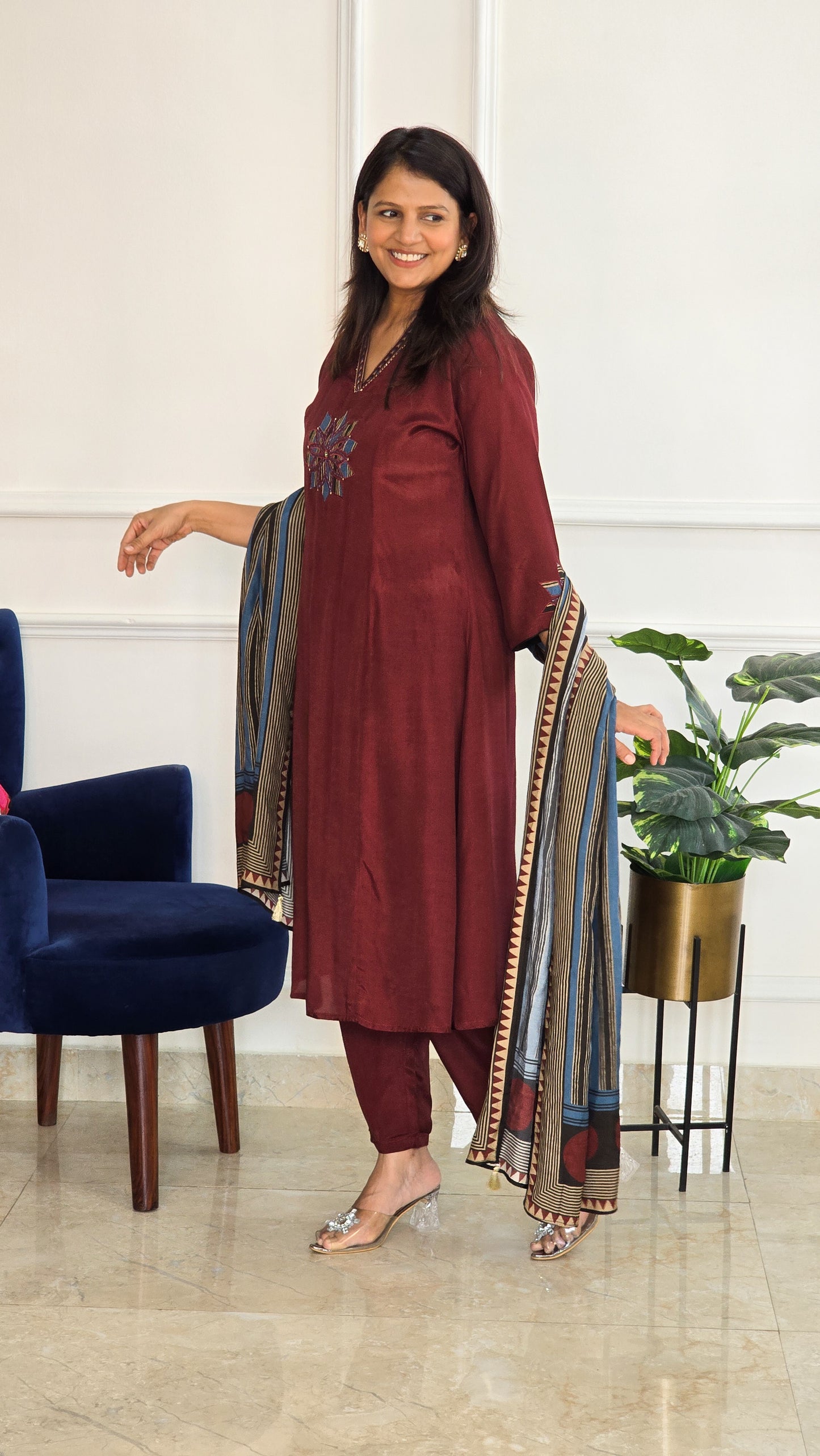 Maroon Muslin Ajrakh Applique Suit Set