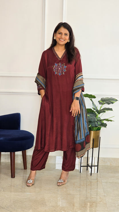 Maroon Muslin Ajrakh Applique Suit Set