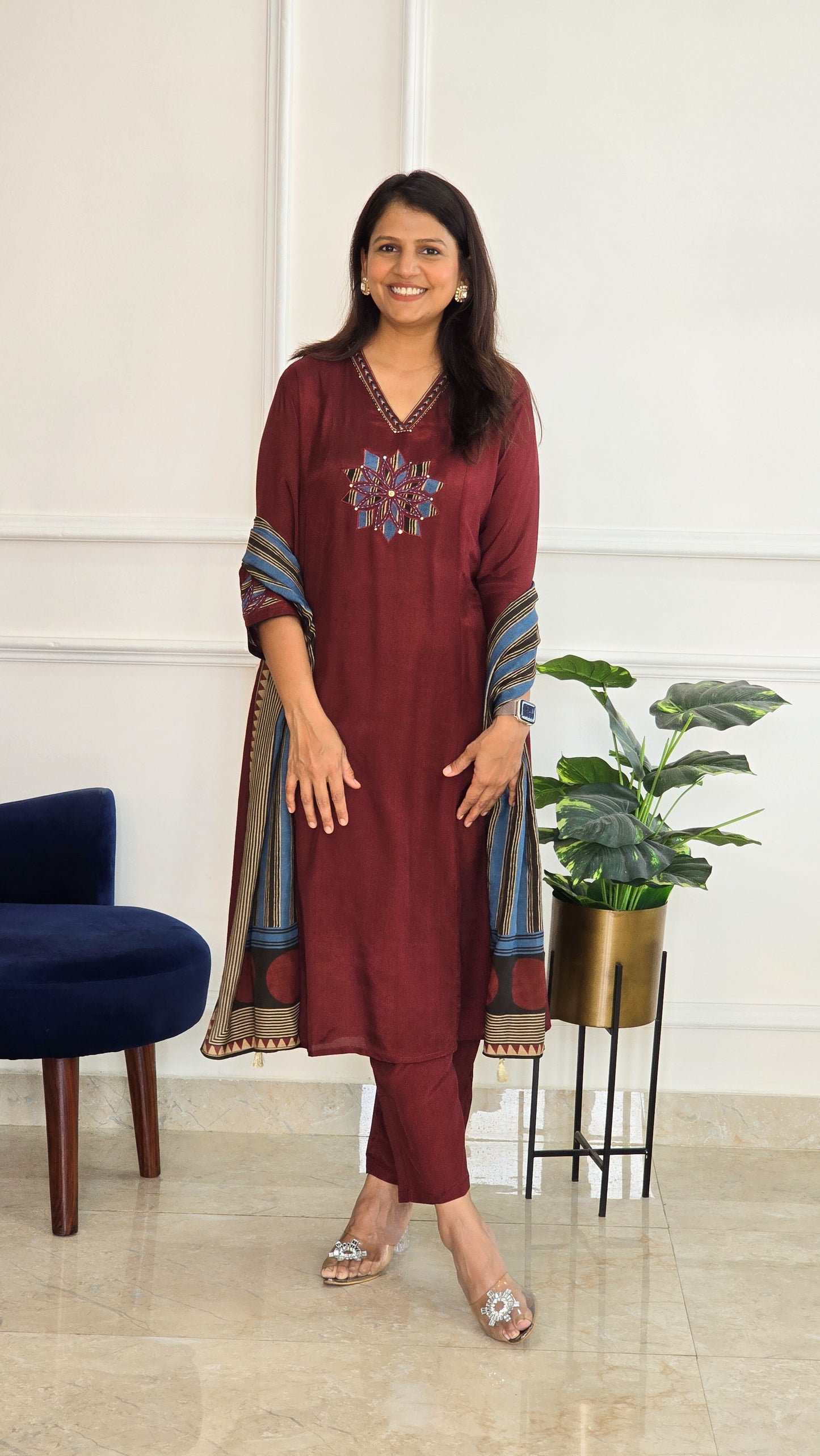 Maroon Muslin Ajrakh Applique Suit Set