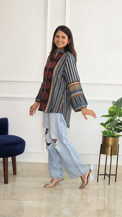 Blue Ajrakh Muslin Shirt